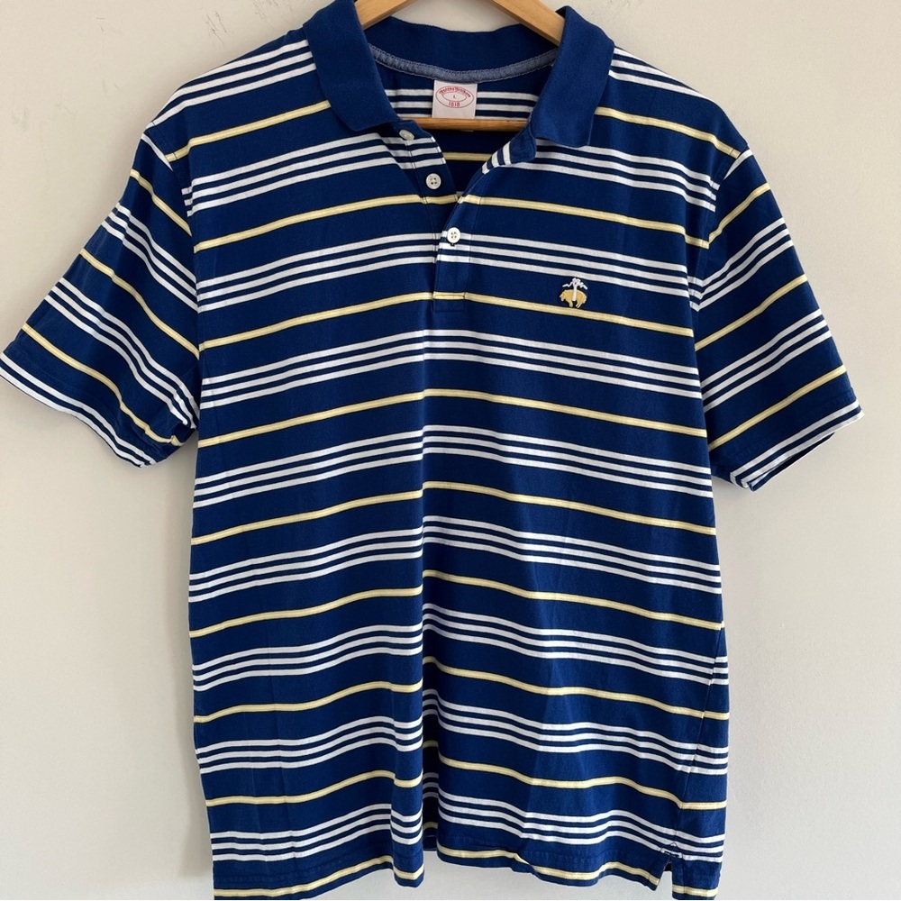 Men’s Brooks Brothers Polo Short Sleeve Shirt Large Blue Striped Cotton Logo